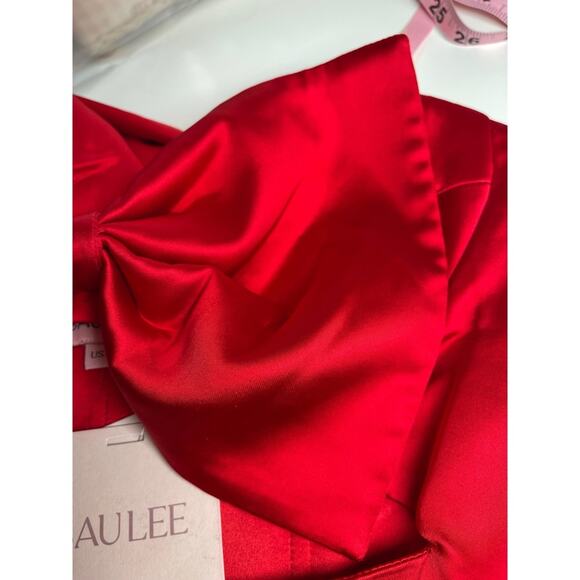 SAU LEE Esther Strapless Bow Cutout Red Satin Pencil Maxi Dress Size 8 - Picture 8 of 14